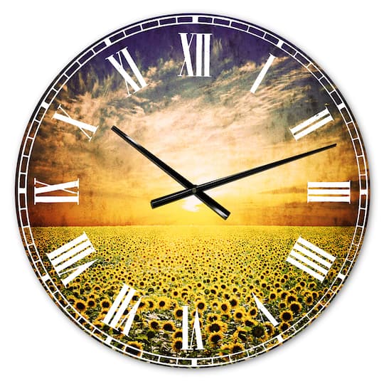 Designart 'Beauty Sunset Over Sunflowers Field Modern Wall Clock